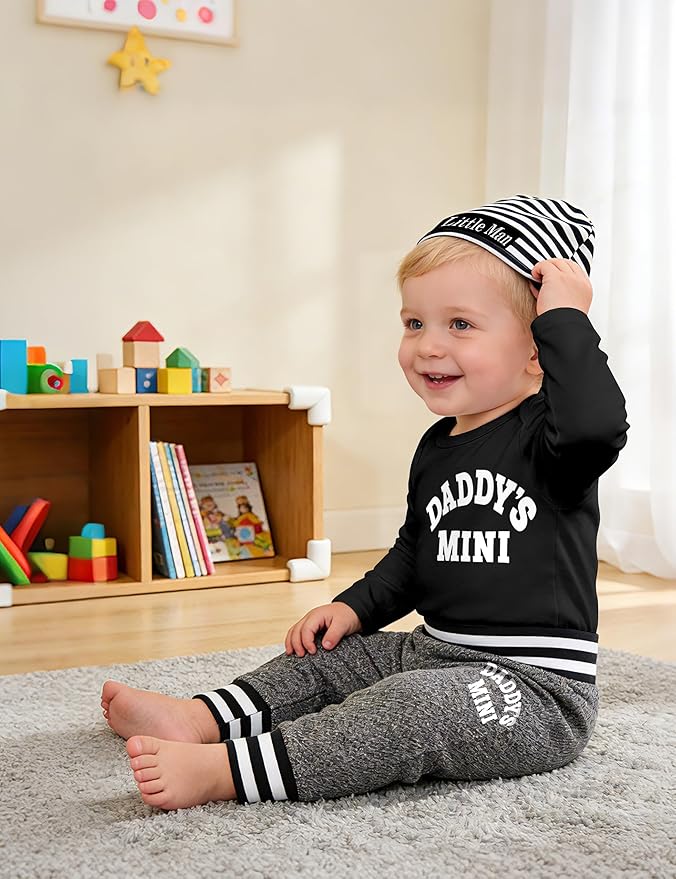 Fommy Newborn Baby Boy Clothes New to The Crew Letter Print Romper+ Pants+Hat 3PCS Outfit