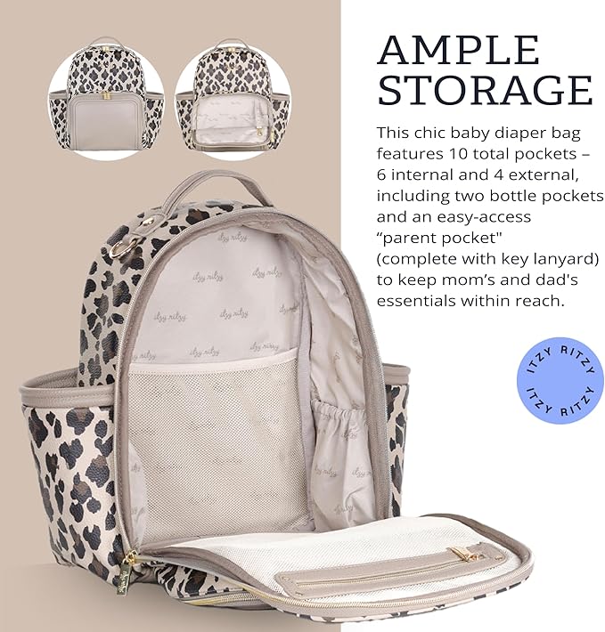 Itzy Ritzy Mini Diaper Bag Backpack – Chic, Compact Mini Plus Backpack with Changing Pad, 10 Pockets (6 Internal, 4 External), Grab-Top Handle & Rubber Feet (Leopard)