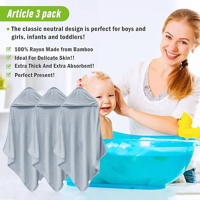 Cosy Family 3 Pack Baby Hooded Towels, Rayon Made from Bamboo, Ultra Soft Unisex Bath Towels for Babies,Toddler,Infant - Newborn Essential - Ultra Absorbent Toddler Towels for Baby Boy Girl - Grey