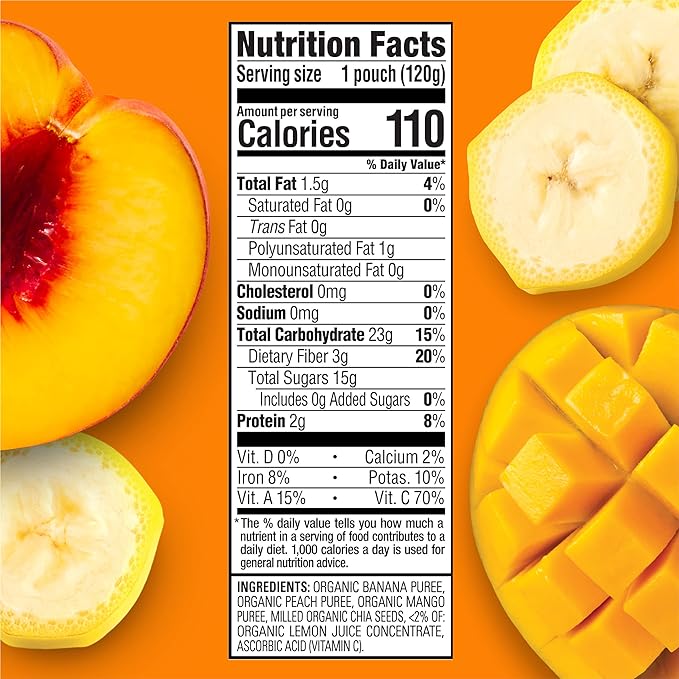 HAPPYTOT Organics Stage 4 Baby Food Pouches, Gluten Free, Vegan Snack, SuperFoods Fruit & Veggie Puree, Bananas, Peaches, Mangos & Chia, 4.22 Ounce (Pack of 16)