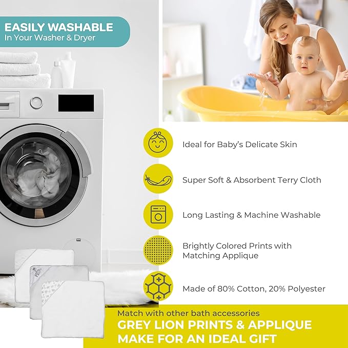 Spasilk Baby 3 Pack Soft Terry Hooded Towel Set for Newborn Boys and Girls Gray Lion One Size