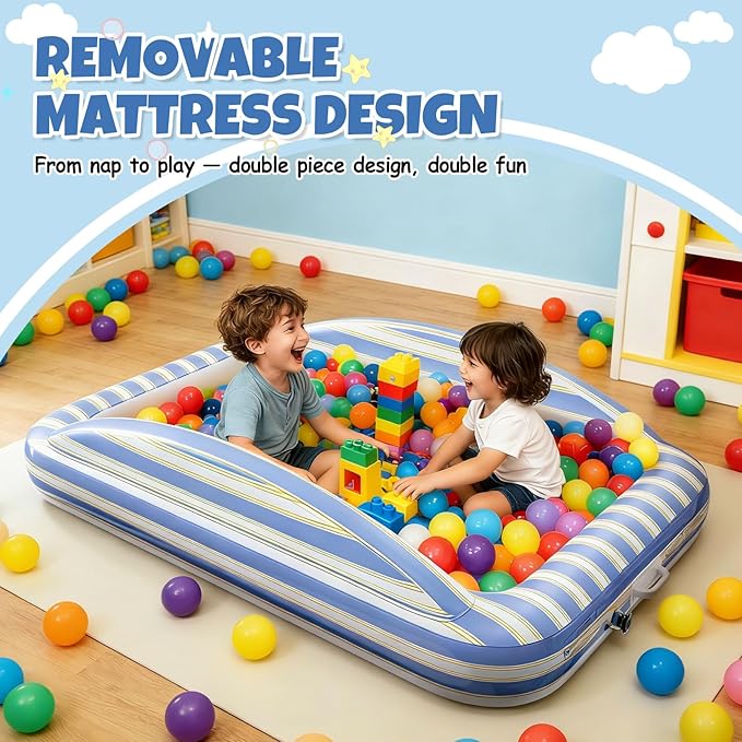Inflatable Toddler Travel Bed Kids Air Mattress with Safety Bumpers Kids Blow Up Bed Portable Toddler Mattress – Includes Rechargeable Pump for Home Sleepover Camping Vacation