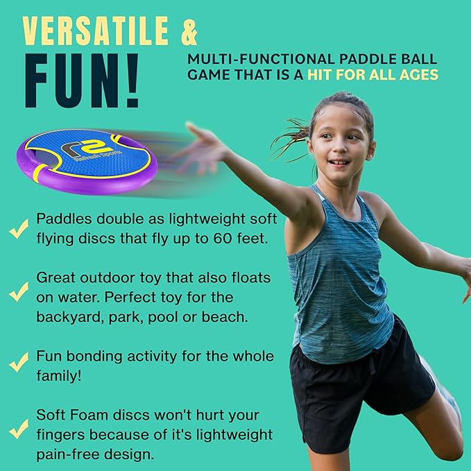 Fun Bouncy Paddle & Stringy Ball Toss & Catch Game - Easy to Use for Kids All Ages - Soft Foam Design for Safe Play Indoors or Outdoors - Also Works as Flying Disc - Great Gift Idea for Boys & Girls