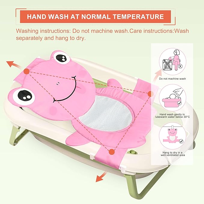 Baby Bath Seat Support Net, Quick Drying, Adjustable, Comfortable, Non-Slip, Infant Bathtub Sling Shower Mesh for a Tub, Soft Newborn Bath Mat (Deep Pink Frog)