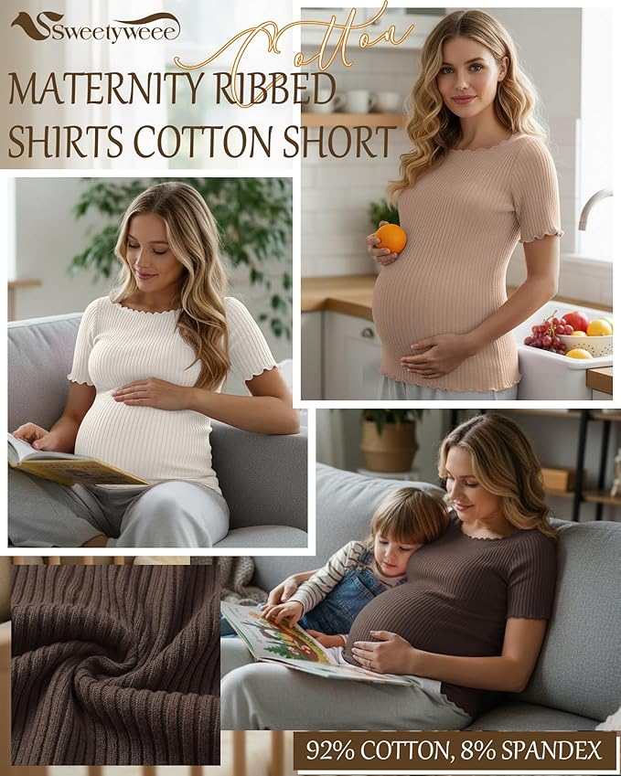 3 Pack Women's Maternity Ribbed Shirts Cotton Short Sleeve Pregnancy Tops Boat Neck Lettuce Trim Mama Clothes