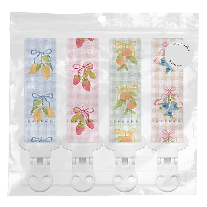 Stadela Baby Fabric Pacifier Clip Holder, Plastic Clip, 4‑Pack, Fruits Pattern, Clementine Set