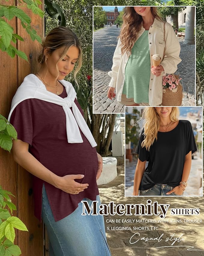 Riyiper 3 Pack Women's Maternity Tunic Shirts Cotton Summer Pregnancy Clothes Loose Oversized Split Side Blouse Tops