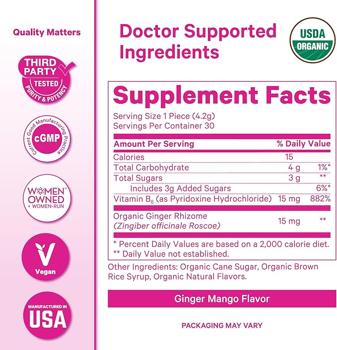 Pink Stork Organic Mango Sweets with Vitamin B6 for Morning Sickness and Motion Sickness, Added Ginger & Vitamin B6, 1st Trimester Pregnancy Must Haves - 30 Wrapped Candies