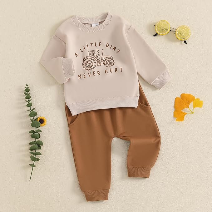 Toddler Baby Boy Fall Winter Outfits Tractor Print Long Sleeve Sweatshirt Pants Set Kids Sweatsuit Clothes