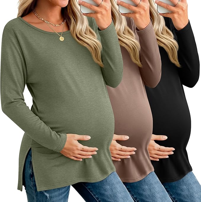 Riyiper 3 Pack Women's Maternity Long Sleeve T-Shirts Round Neck Side Split Tops Loose Casual Pregnancy Mama Clothes Fall