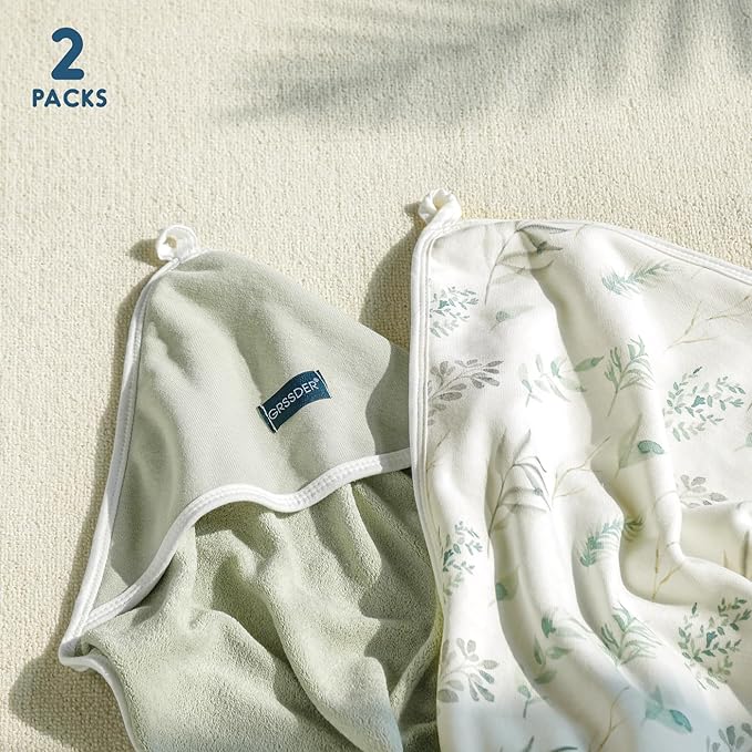GRSSDER Baby Hooded Towel 2 Pack for Newborn, Super Soft Bath Towels with Original Designs, Ultra Absorbent Knit Terry, Large Toddler Towels with Hood for Boys Girls, Shower Gifts for Infant,34"x 34"