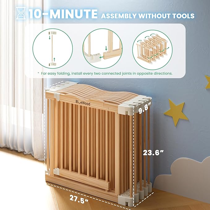 Foldable Wooden Playpen - Adjustable Wood Baby Play Yard with Door, Indoor Large Safety Fence for Babies and Toddlers - Easy Assembly, 83 x 55 x 24 inches, Nature Nest
