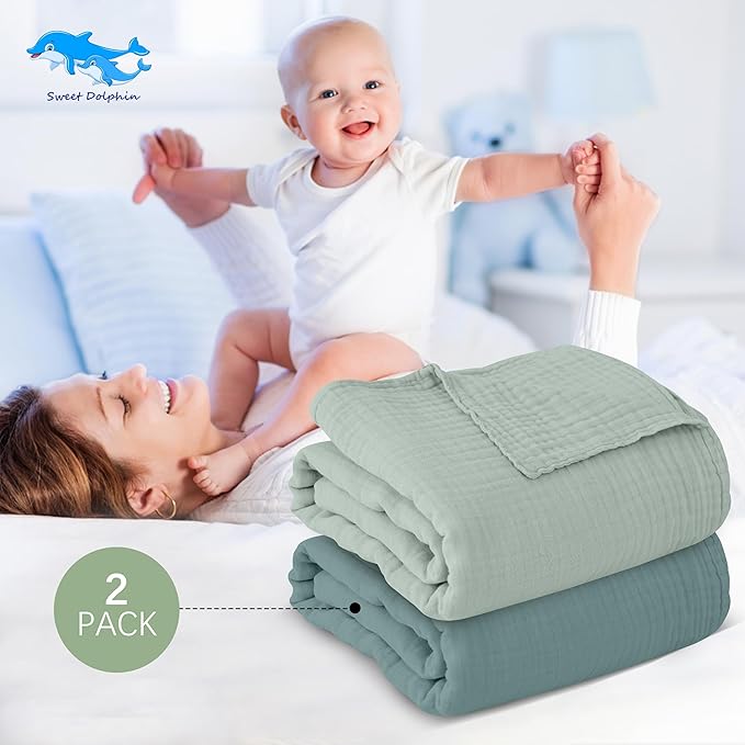 SWEET DOLPHIN Muslin Baby Bath Towels Blanket - 2 Pack 100% Cotton Towel for Babies, Infants, Toddlers - 40x40Inch - Highly Absorbent, Light Emerald