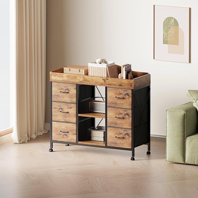 Changing Table, 6-Drawer Baby Dresser with Changing Table top,Waterproof Diaper Changing Station & Pad, 2 Height-Adjustable Open Storage Shelves, Mobile Nursery Organizer, Rustic Brown