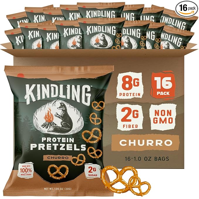 Kindling Protein Pretzels - Churro| Protein-Packed Snack Size Bags | Kosher | 8-9g Protein Per Serving | No Artificial Flavors, Soy-Free | Lunches, Office Snacks, & On-the-Go | 16-Count (1.06oz Bags)