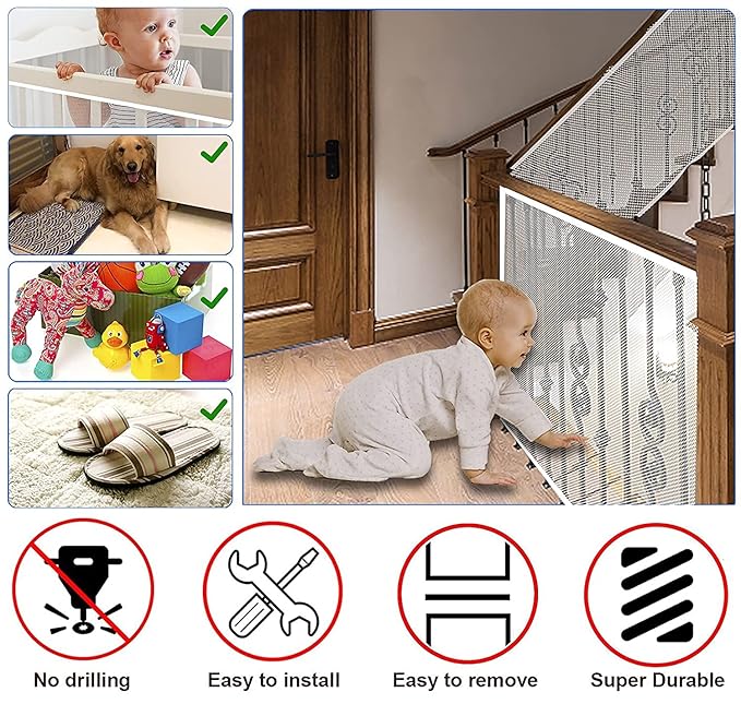 Stairway Net - Baby Safety Rail – Balcony Railing Guard -10ft L x 2.6ft H Banister Proofing Stair for Child, Small pet,Toy- Indoor & Outdoor(White)