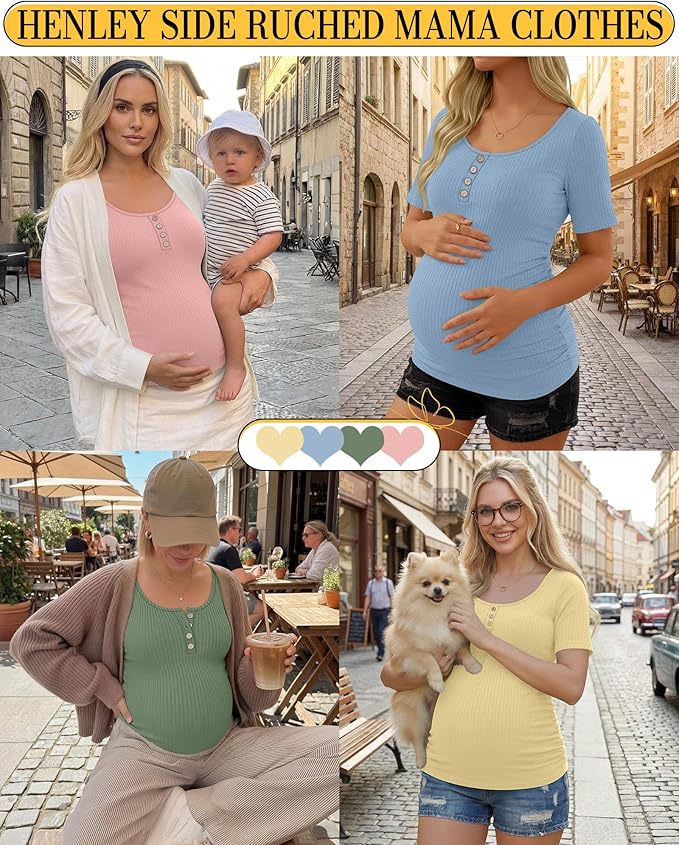 4 Pack Womens Maternity Shirts Scoop Neck Cotton Short Sleeve Ribbed Pregnancy Top Henley Side Ruched Mama Clothes