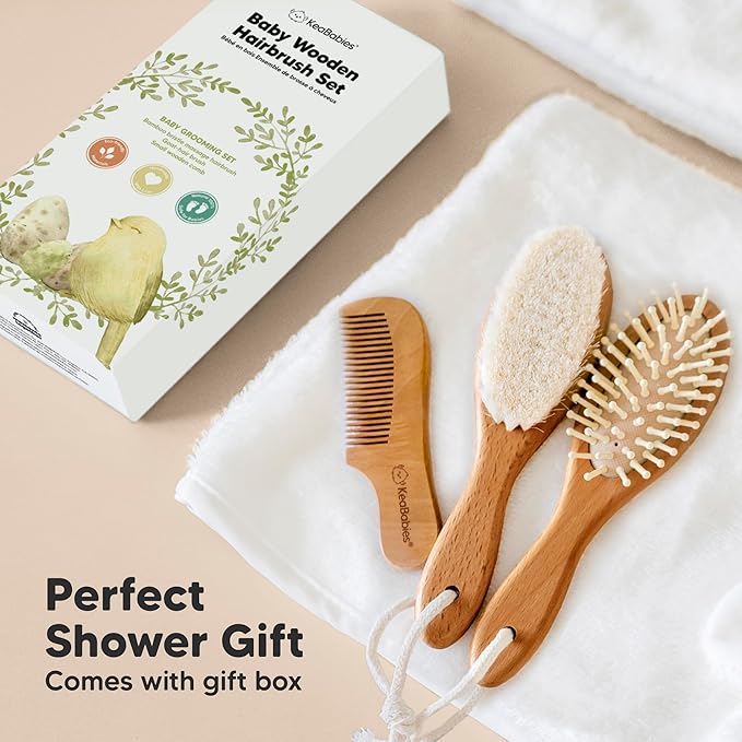 Baby Hair Brush Set for Newborns - Soft Goat Bristle Wooden Baby Brush and Comb Set Newborn Grooming Kit for Cradle Cap, Durable & Gentle, Boy, Girl Infant Essentials Care Kit (Oval, Golden Oak)