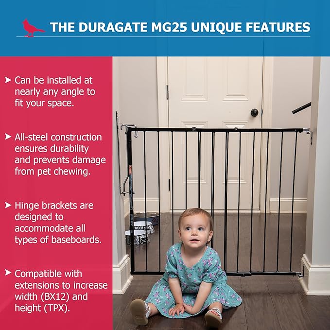 Cardinal Gates MG25 Duragate Baby Gate - Adjustable Dog Gate - Steel Safety Gate for Kids & Pets - 26.5 to 41.5 Inches Wide - Black