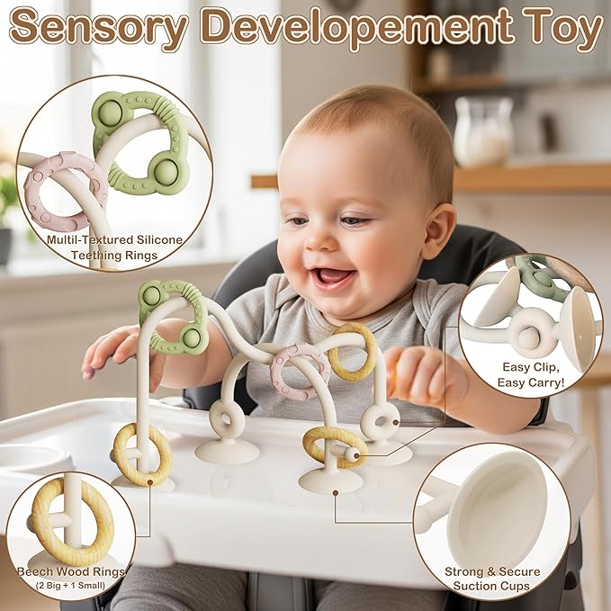 Baby Montessori Toy, High Chair Suction Cup Toy and Teething Toy Set - Table Toy & Pop-it Fidget Teether for 6+ Months 1 2 3 Years, BPA Free Silicone Sensory Toys for Baby and Toddler (Beige)