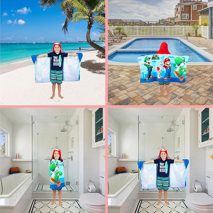 Super Mario Bath/Pool/Beach Soft Cotton Terry Hooded Towel Wrap, 24 in x 50 in, By Franco Kids