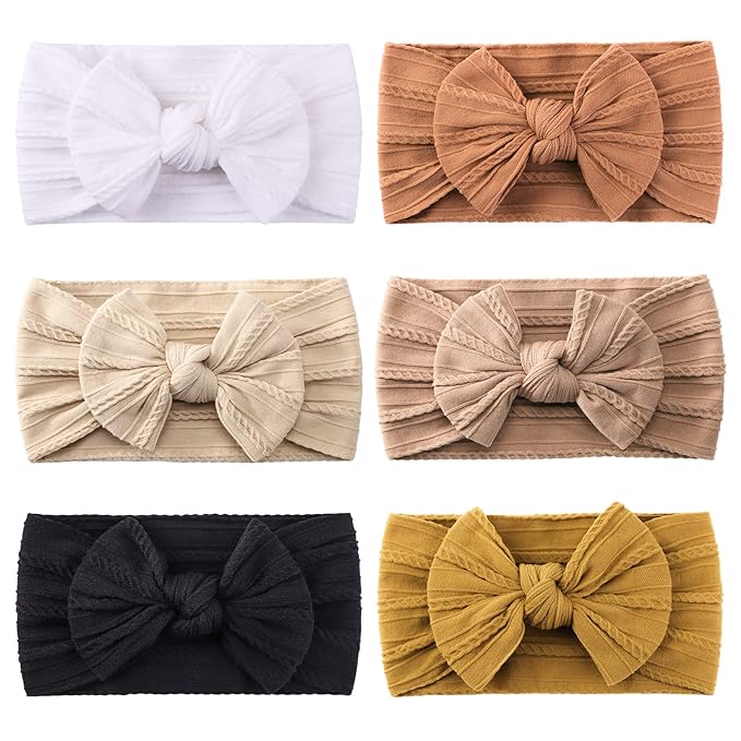 jollybows 6pcs Baby Nylon Headbands Hair Bow Elastics Hairbands Hair Accessories for Baby Girls Newborn Infant Toddlers Kids (Natural colors)