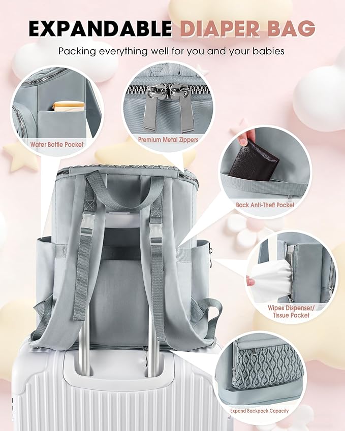 Baby Diaper Bag, Multi-Function Baby Bag for Mom Dad, Diaper Backpack with Changing Pad Stylish Pañaleras para Bebe Stroller Straps, Newborn Baby Essentials Must Haves for Women Grey Green