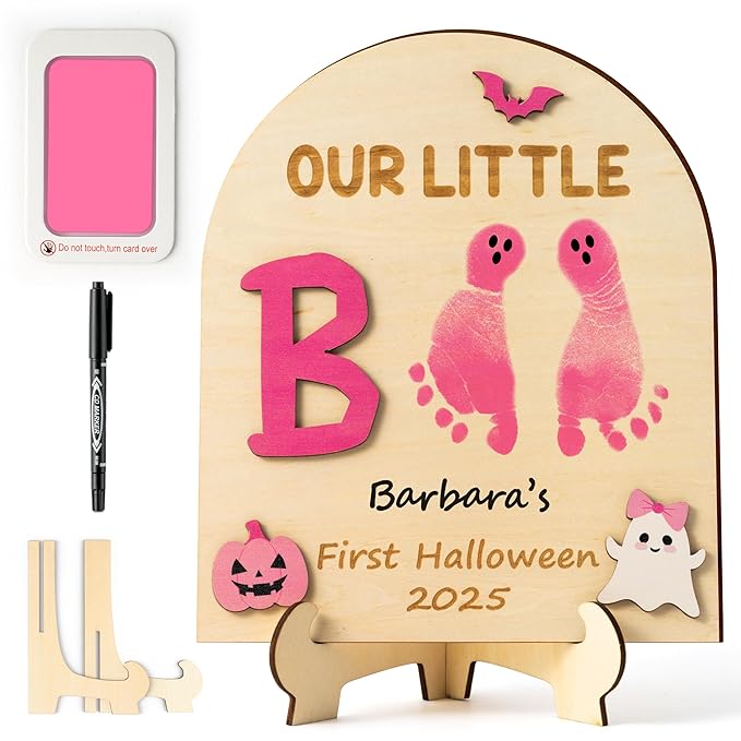 R HORSE DIY Halloween Footprint or Handprint Art Sign with Ink Pad, 3D Pink Pumpkin Newborn Milestone, Baby’s 1st Halloween Footprint Keepsake Craft Gift Our Little Boo Baby Shower Nursery Decor