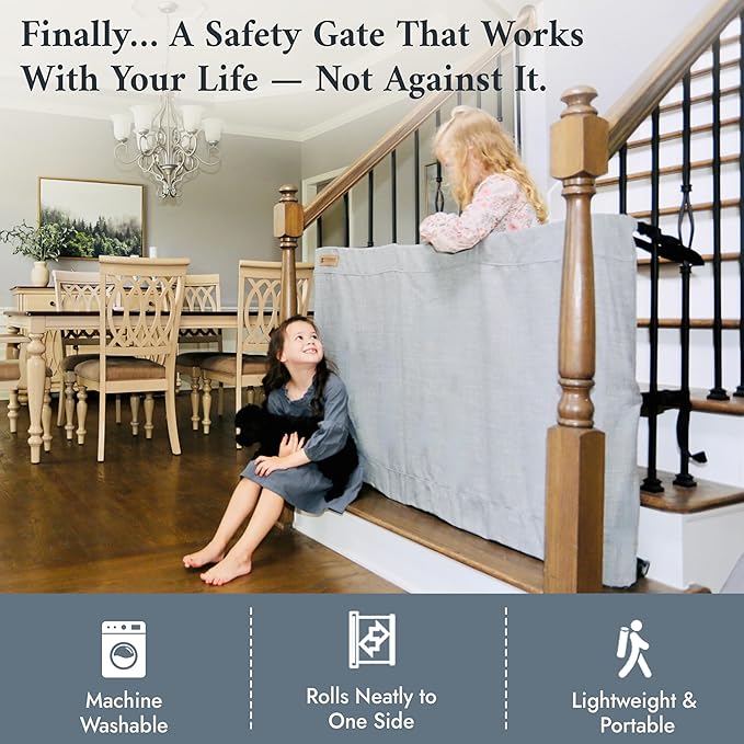 The Stair Barrier First Fabric Banister to Banister Baby Gates for Stairs 36”–42” Wide x 32” Tall– No Drill Baby Gate for Top or Bottom Staircase, Machine-Washable Climb Proof, Designed in USA, Grey