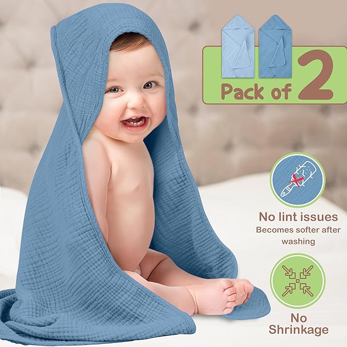 100% Organic Cotton Muslin Baby Hooded Towels 32x32 Inch – 2 Pack Soft & Absorbent Baby Towels with Hood for Boys & Girls, Premium Hooded Towels, Gentle Baby Essentials in Deep Blue/Aquarius
