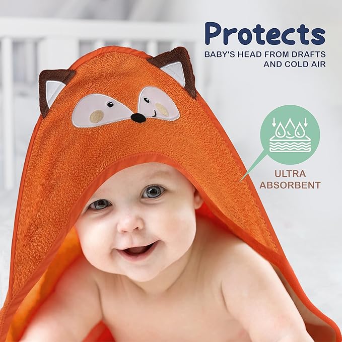 Mother's Choice Organic Baby Hooded Towel – Ultra-Soft & Absorbent Baby Bath Towels for Newborn with 3D Orange Fox Design