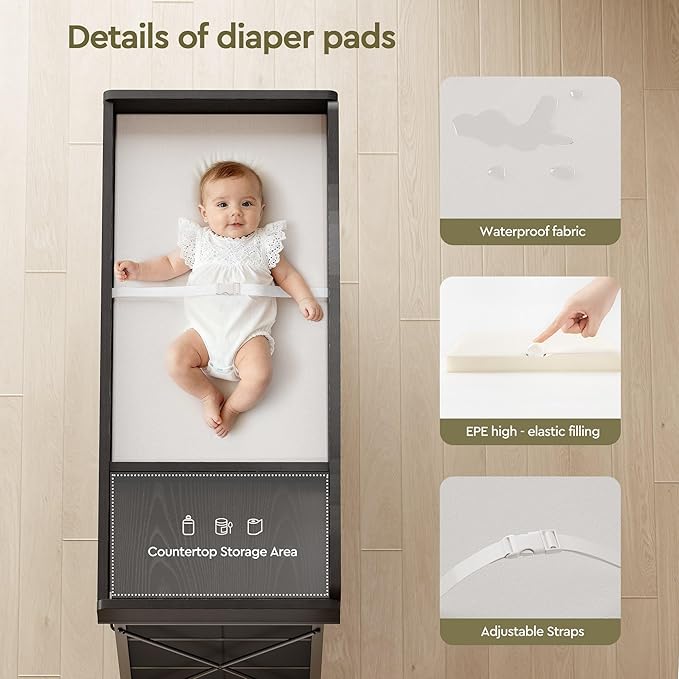 Changing Table, 6-Drawer Baby Dresser with Changing Table top,Waterproof Diaper Changing Station & Pad, 2 Height-Adjustable Open Storage Shelves, Mobile Nursery Organizer, Black