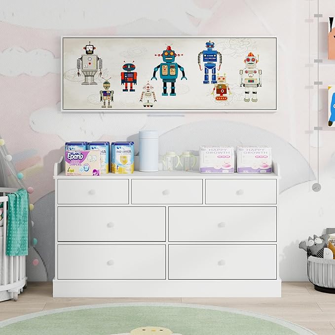 Vabches Kids Dresser Cabinet with 7 Drawers, Changing Table for Nursery, White Chest of Drawers, Baby Dresser, Kids Bedroom Furniture, Nightstand for Child’s Room, White