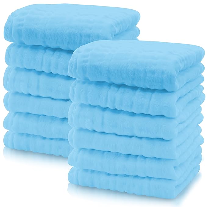 Cute Castle 12 Pack Muslin Baby Washcloths - Large 12'' by 12'' - Ultra Soft 100% Cotton - Super Absorbent Burp Cloths for Unisex, Boy, Girl -Aquamarine