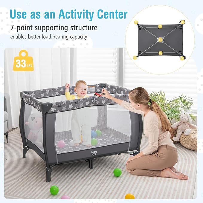 BABY JOY 4 in 1 Pack and Play, Portable Baby Playard with Bassinet, Adjustable Canopy, Changing Table, Lockable Wheels, Glowing Music Box, Travel Baby Crib Bassinet Bed from Newborn to Toddler