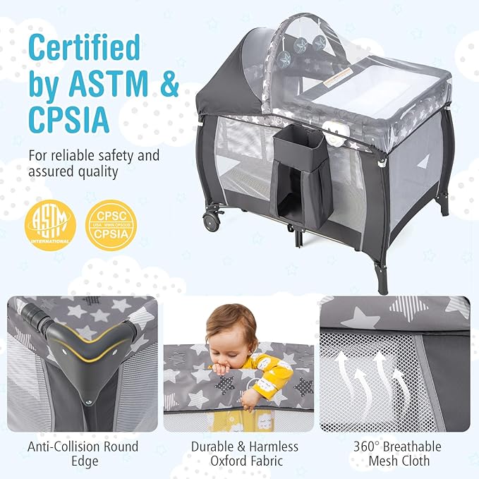 BABY JOY 4 in 1 Pack and Play, Portable Baby Playard with Bassinet, Adjustable Canopy, Changing Table, Lockable Wheels, Glowing Music Box, Travel Baby Crib Bassinet Bed from Newborn to Toddler