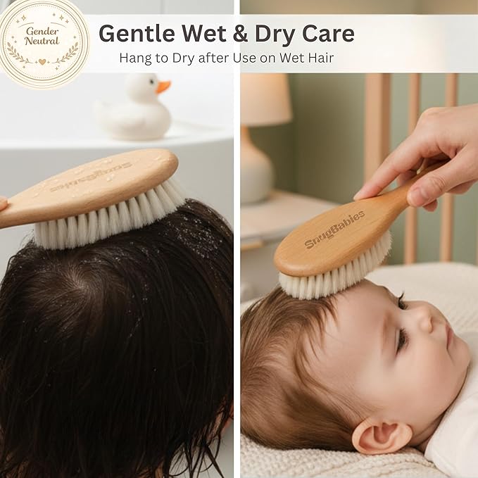 Wooden Baby Hair Brush with Natural Goat-Hair Bristles - Ultra Soft Baby Brush for Newborns & Infants with a Cotton Travel Pouch - Helps with Cradle Cap Care - 21cm Easy Grip Beech Wood Handle