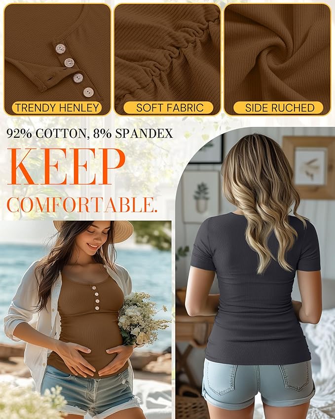 4 Pack Womens Maternity Shirts Scoop Neck Cotton Short Sleeve Ribbed Pregnancy Top Henley Side Ruched Mama Clothes
