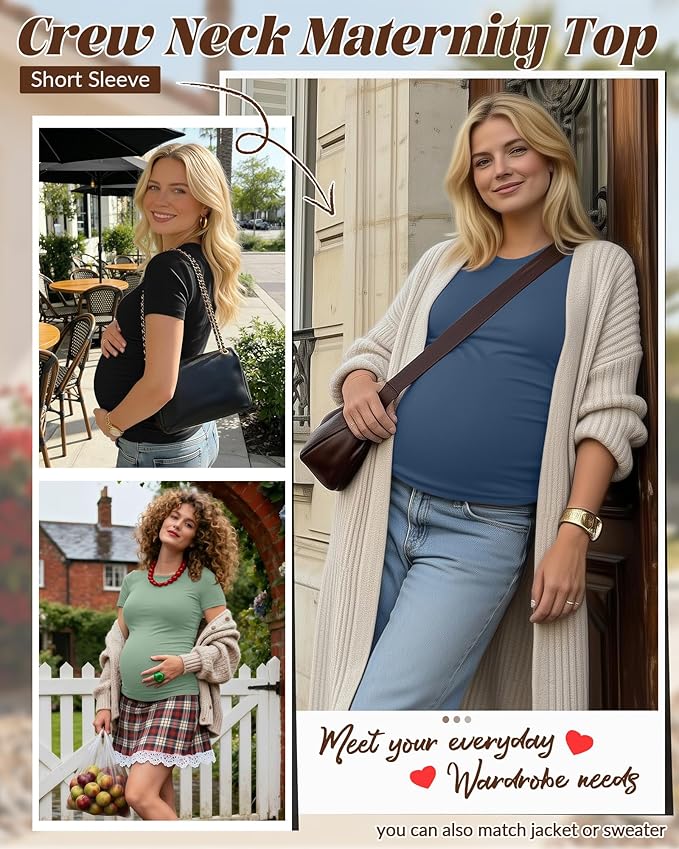 Huukeay 4 Pack Women's Maternity Shirts, Crew Neck Maternity Top Short Sleeve Casual Cotton Tee Side Ruched Pregnancy Clothes