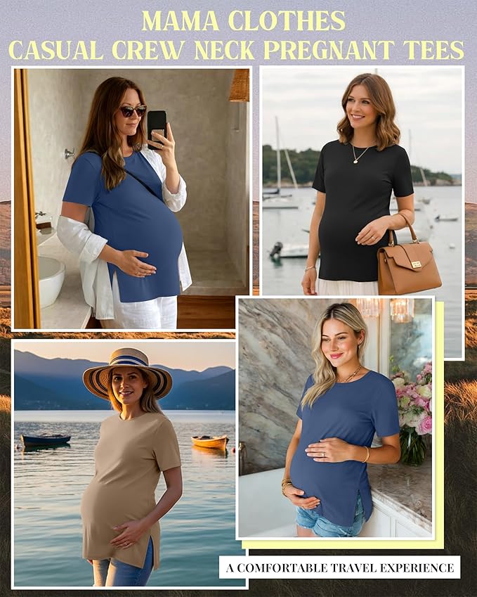 Ficerd 3 Pack Women's Maternity T Shirts, Short Sleeve Side Split Pregnancy Tops Casual Crew Neck Pregnant Tees Mama Clothes