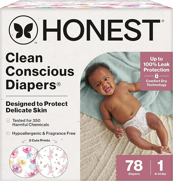 The Honest Company Comfort Dry Disposable Diapers for Sensitive Skin, Hypoallergenic, Rose Blossom + Tutu Cute, Club Box Size 1 (8–14 lbs), 78 Count