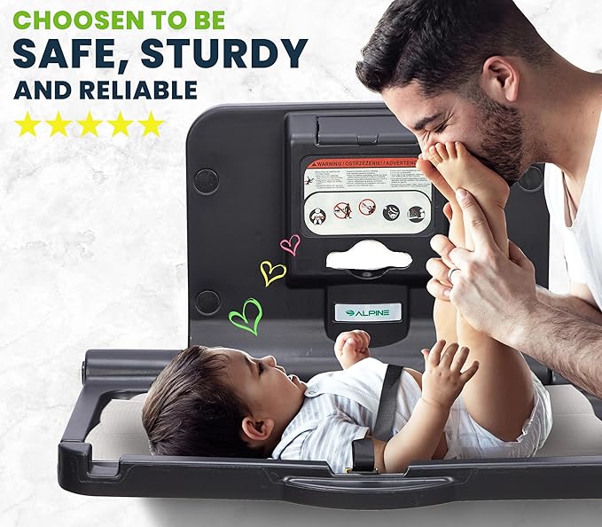 Alpine Wall Mounted Baby Changing Station - Horizontal Baby Changing Table Foldable Diaper Tables with Safety Strap for Commercial Bathroom, ADA Complaint (Hardware Included) Black