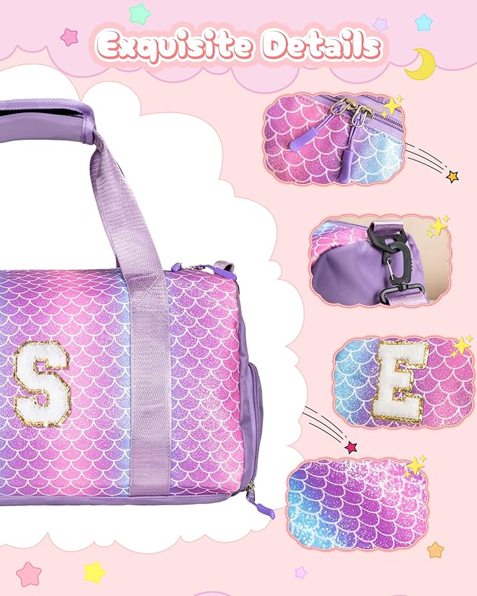Girls Gifts for Her-Girl Gym Bag with Shoe Compartment, Kid Personalized Weekender Overnight Bags, Initial Travel Tote with Makeup Pouch, Girls Kids Gift (Letter V)