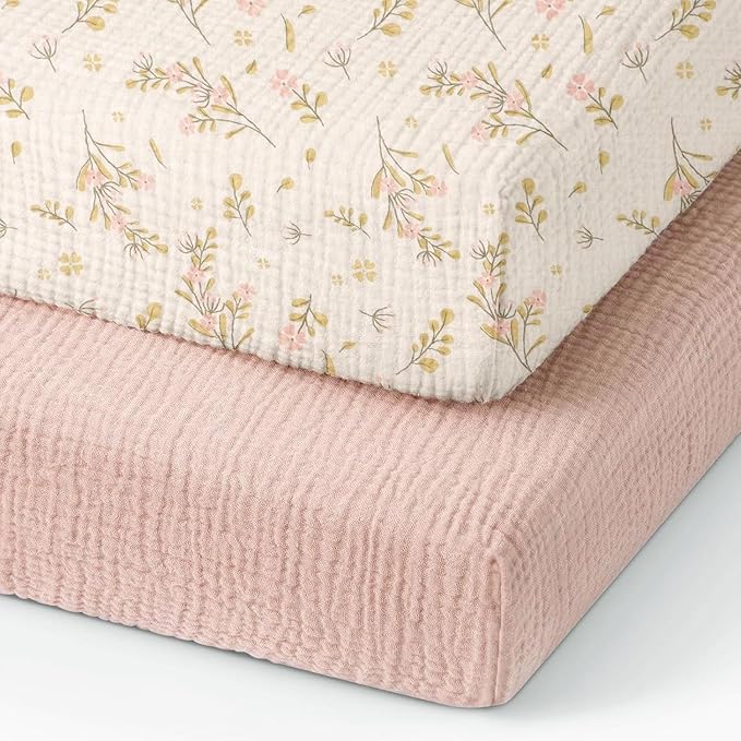 100% Organic Cotton Muslin Pack and Play Sheets Fitted 38”x26”, Mini Crib Sheets Compatible with Graco/hiccapop/YENING/Dream On Me/Babylicious Pack N Play Mattress, Playard Bedding Sheet Bed Cover