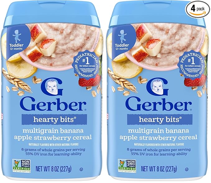 Gerber Toddler Food, Multigrain Banana Apple Strawberry Cereal, 8g Whole Grains, Iron, Zinc & Vitamin B12, Toddler Cereal, 12-Pack