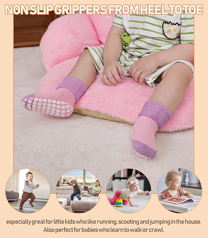 LANLEO Baby Girls Boys Non Slip Socks with Grips Toddler Kids Unisex Warm Thick Cotton Ankle Crew Socks with Grippers