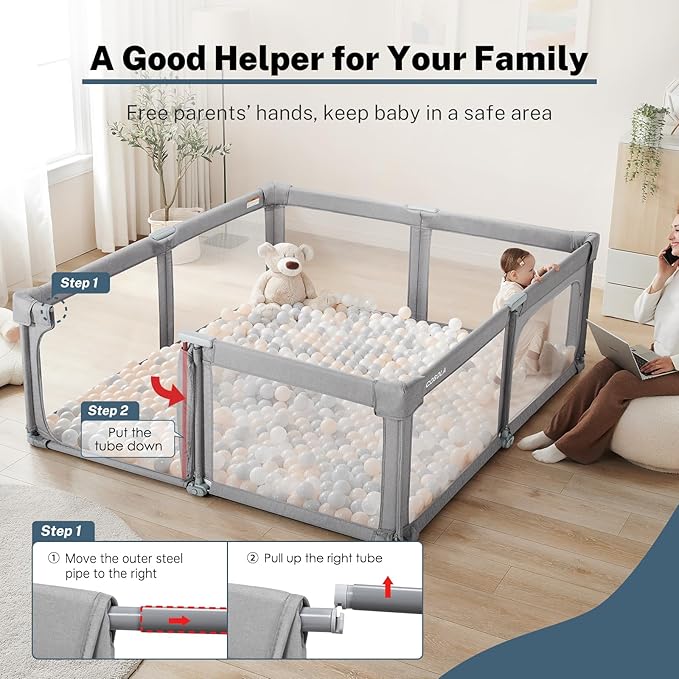 Baby Playpen Portable, Pre-Assembled Play Pen 71x79 Large Foldable Playpen for Babies and Toddlers, Sturdy and Safe Toddler Play Yard Indoor Outdoor with Carry Bag,Light Grey