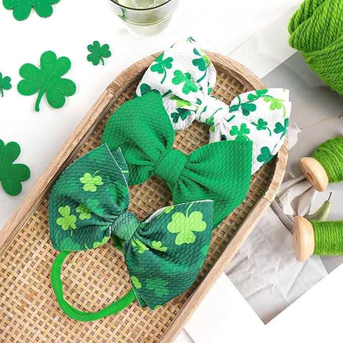 YanJie Baby Bows Nylon Green Bow Headbands for Infant Girls Shamrock Clover Headband Newborn Toddler Headband St Patricks Day Hair Accessories White