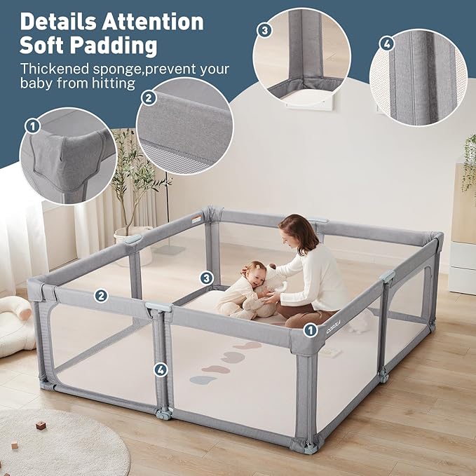 Baby Playpen Portable, Pre-Assembled Play Pen 71x79 Large Foldable Playpen for Babies and Toddlers, Sturdy and Safe Toddler Play Yard Indoor Outdoor with Carry Bag,Light Grey