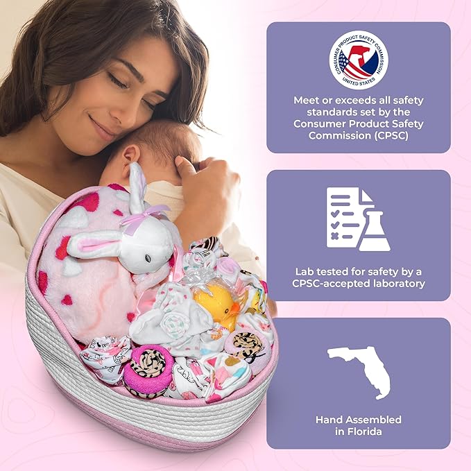 Bassinet New Baby Girl Gift Set | Unique Newborn Gift Basket Hamper for Gender Reveal | Baby Essentials for Expecting Moms & Parents | 17-Piece Baby Layette Set | Pink - Nikki's Gift Baskets